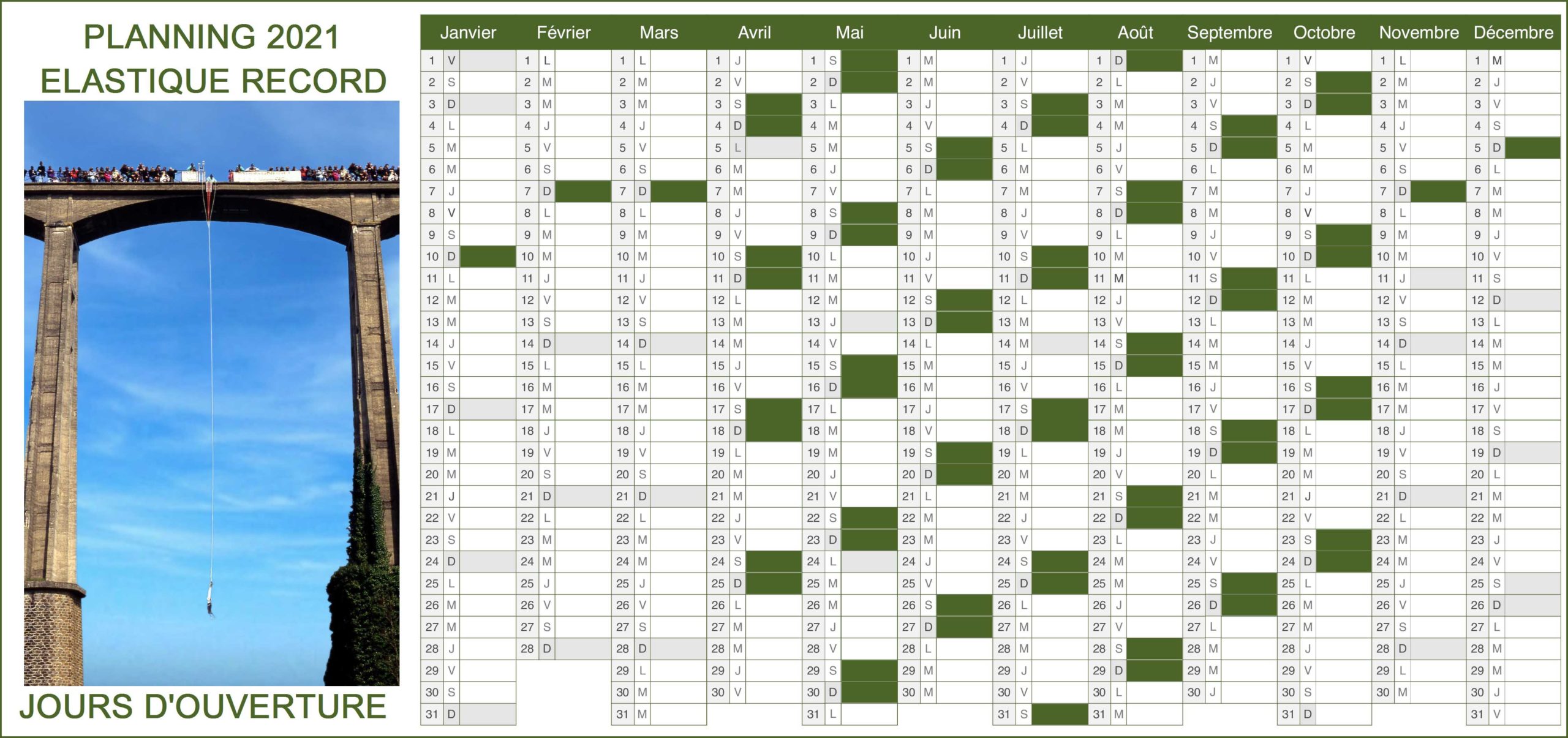 Calendrier des jours d'ouverture pour sauter à l'élastique